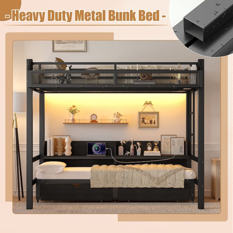 Twin XL over Twin XL Bunk Bed with Lower Bed Converted into Sofa, USB Ports, LED Lights, Storage Shelves and Underbed Drawers