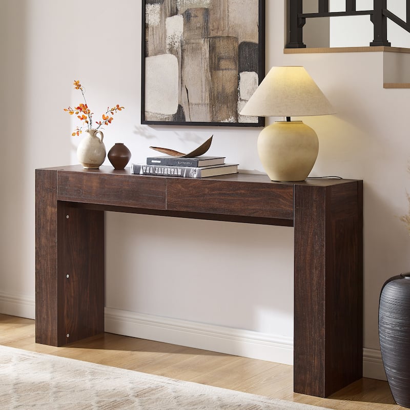 Modern Entryway Console Table, Thick Wood Sofa Table with Drawers - Dark Walnut