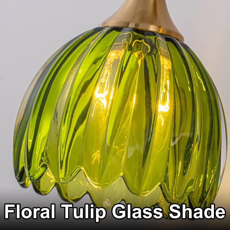 Starsky 3-Light Tulip-Inspired Floral Wall Sconce with Green or Amber Glass Shades, for Bathroom, Bedroom, Hallway