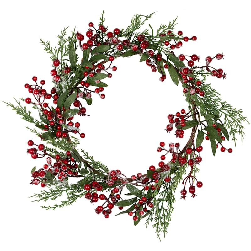 Frosted Red Berries Leaves Pine Artificial Christmas Wreath 18" Unlit