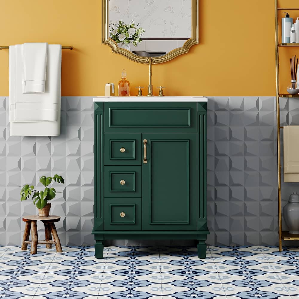 24" Bathroom Vanity with Ceramic Sink Bathroom Storage Cabinet with 2 Drawers and Adjustable Shelf