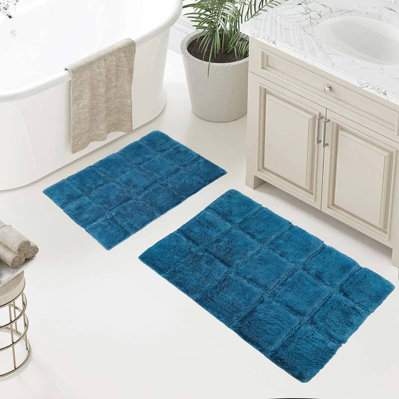 Superior Cotton Checkered 2-piece Non-skid Bath Rug Set - Sapphire