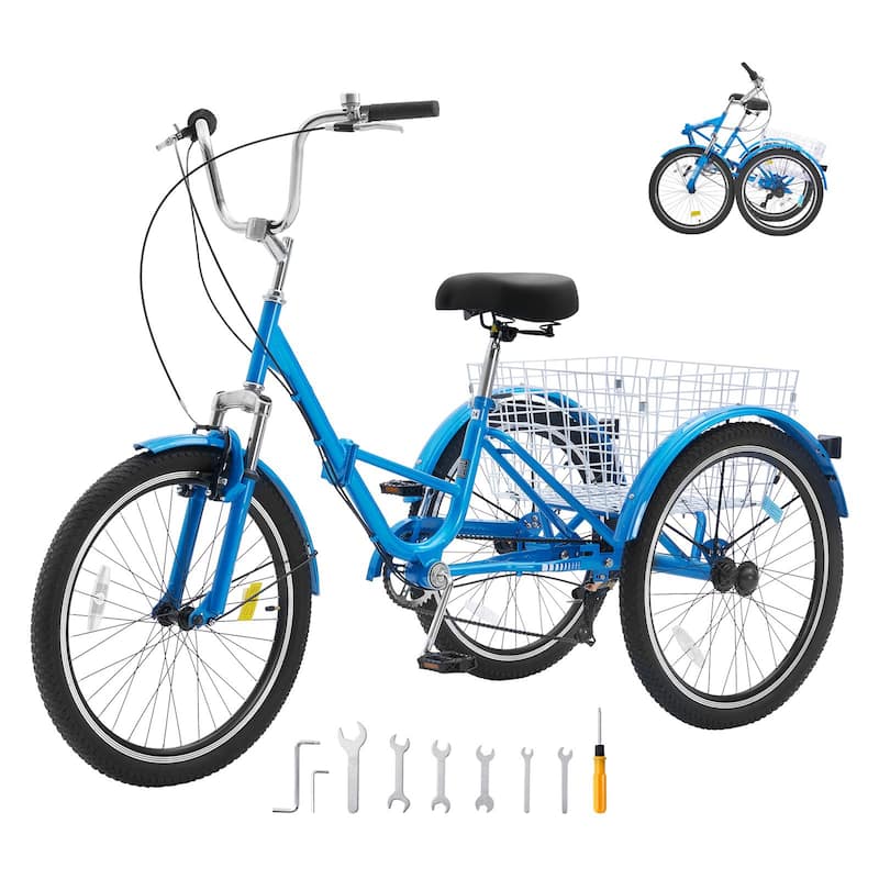 Folding 7-Speed Tricycle for Adults, 24-Inch 3-Wheel Bike with Basket & Adjustable Seat - 70.9 x 29.9 x 45.9 in