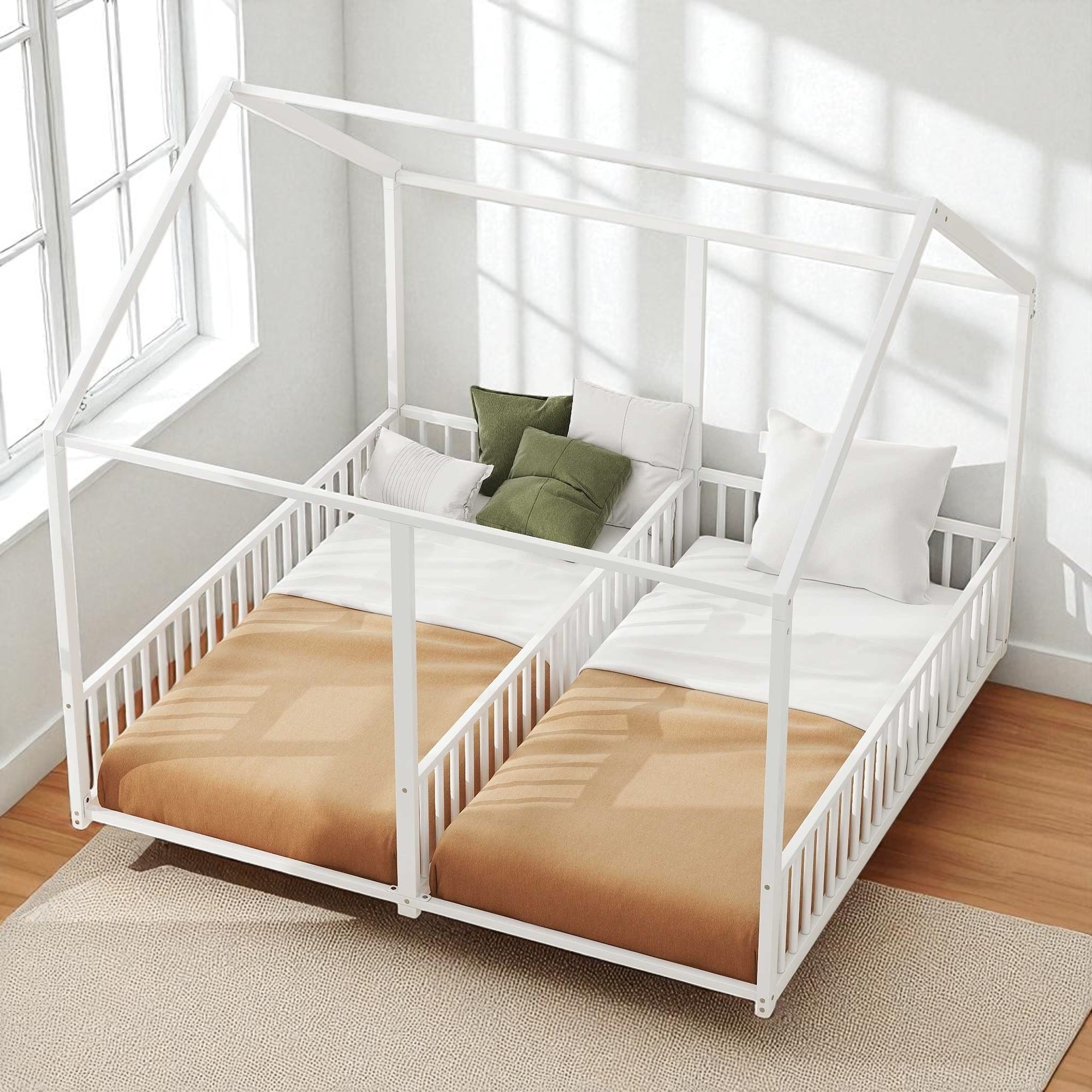 Metal Twin Size House Platform Bed Frame with Roof Design and Side-by-Side Shared Beds