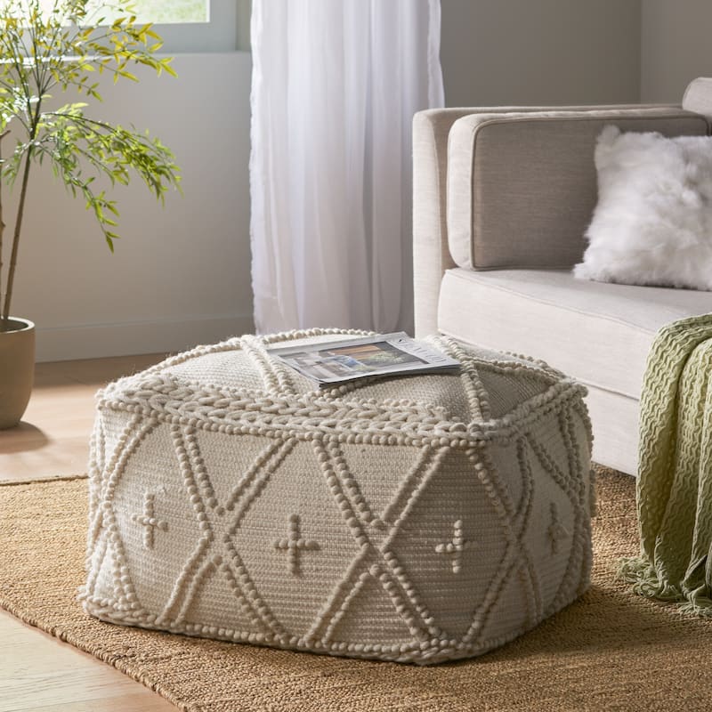 Fossa Handcrafted Boho Large Rectangular Pouf by Christopher Knight Home - White