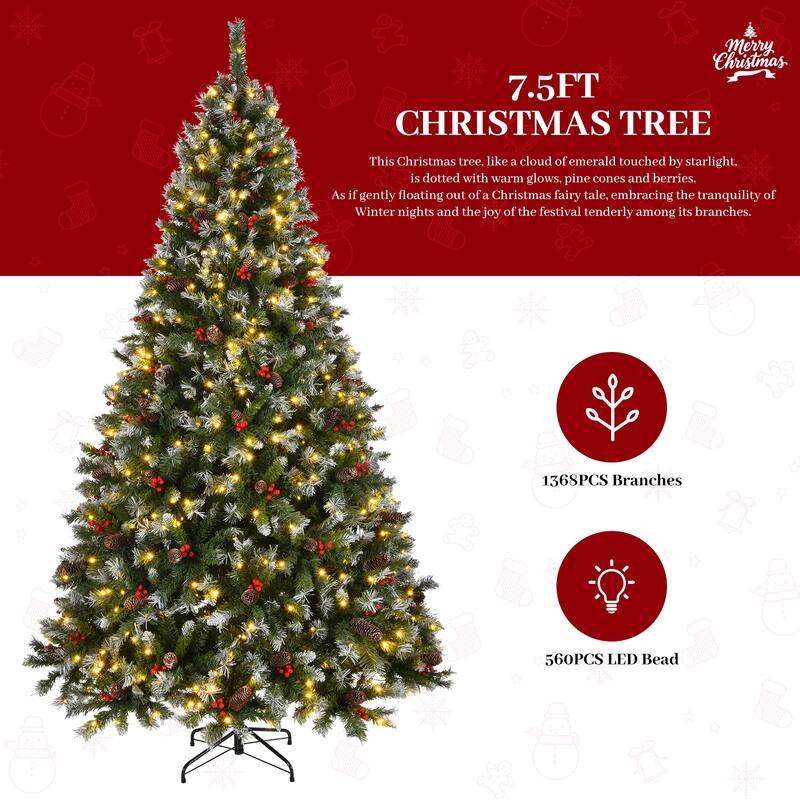 Christmas Tree Pre-Lit, Pre-Decorated Artificial 7.5ft Frosted Pine Holiday Decoration w/Frosted Tips, Pine Cones, Metal Base
