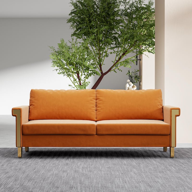 2-Seat Velvet Sofa with Flared Arms and Gold Metal Accents, Mid-Century Modern for Living Room