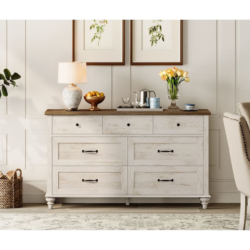 Mid Century Dresser for Bedroom with 7/8 Drawers, Wooden Kids Dresser - Antique White - 7-drawer