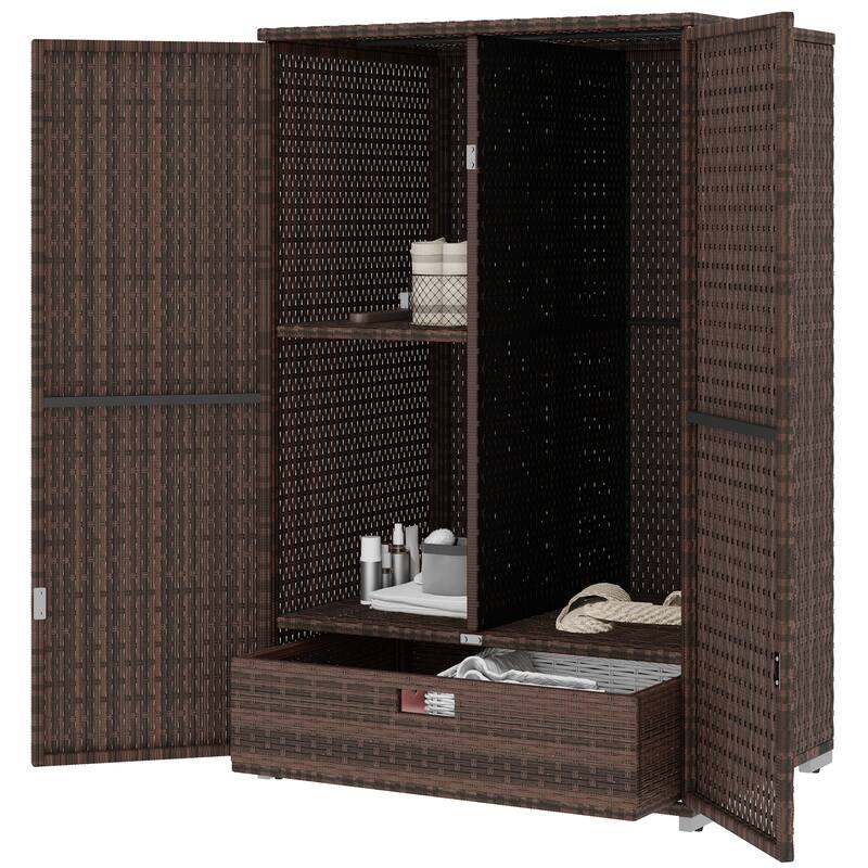 Outsunny Outdoor PE Rattan Wicker Towel Rack & Pool Toy Cabinet, Hot Tub Accessory Storage with Two Doors, Freestanding Cabinet