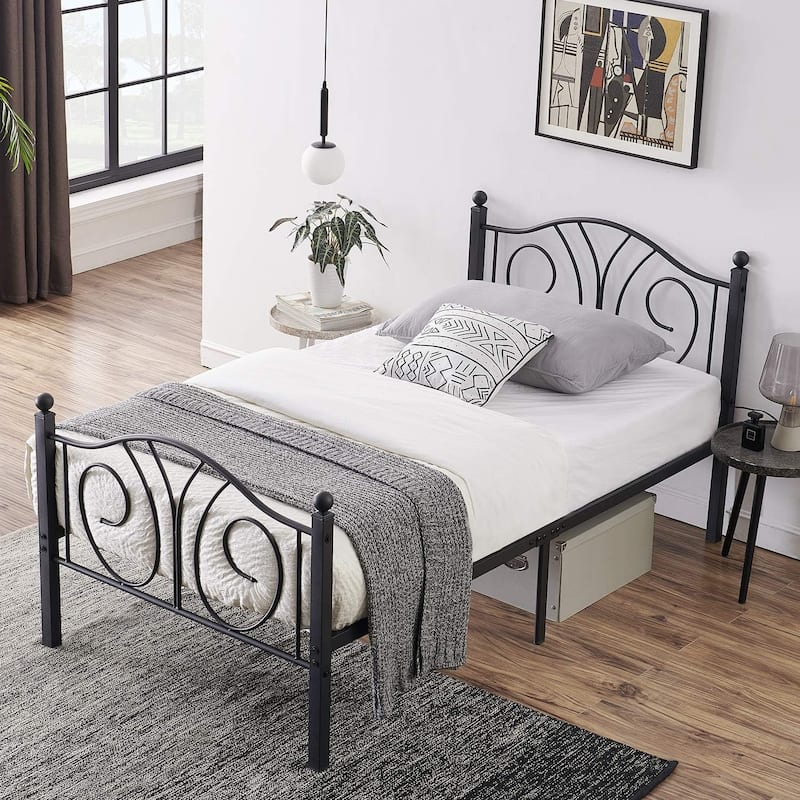 VECELO Platform Bed Frame with Scroll Headboard, Twin/Full/Queen Size Beds