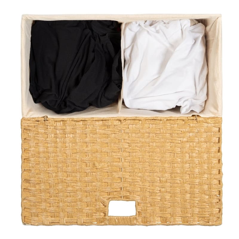 Natural Wicker Folding Laundry Hamper with 2 Bins and Linen Liner - 22 inches L x 12 inches W x 24 inches H