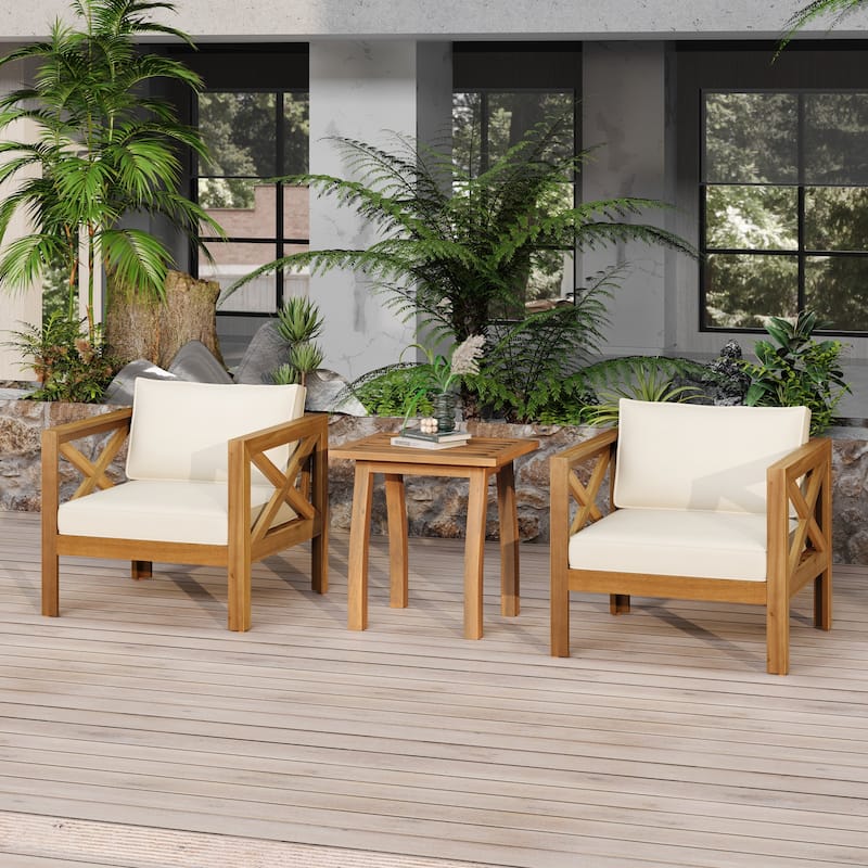 Roomfitters Patio Conversation Set, 2 Outdoor Armchairs with Cushions & Selma Acacia Wood End Table, Teak Finish