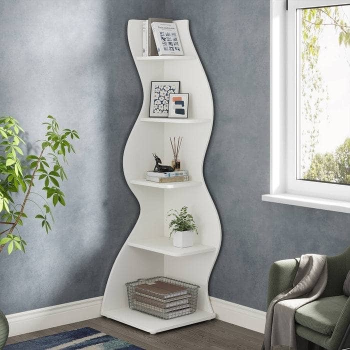 Modern Whimsical 5-Shelf Corner Bookcase Adjustable Wood-Inspired Storage for Home and Office