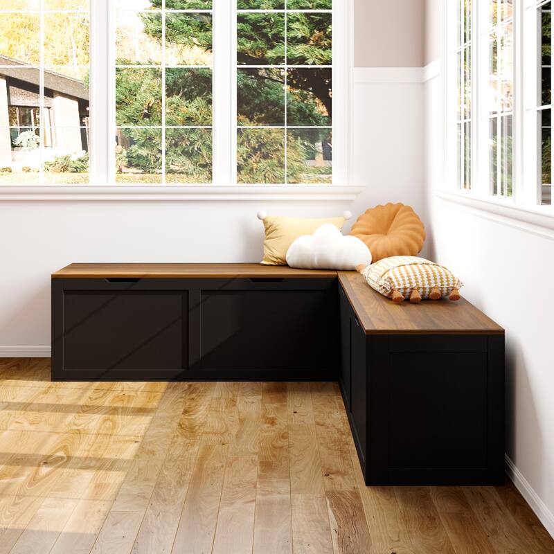 Corner Entryway Bench w/Hidden Storage White Oak Finish Shoe Cabinet