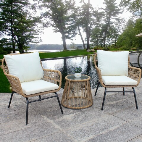 3 Pieces Outdoor Balcony Wicker Chair Set with Tempered Glass Table