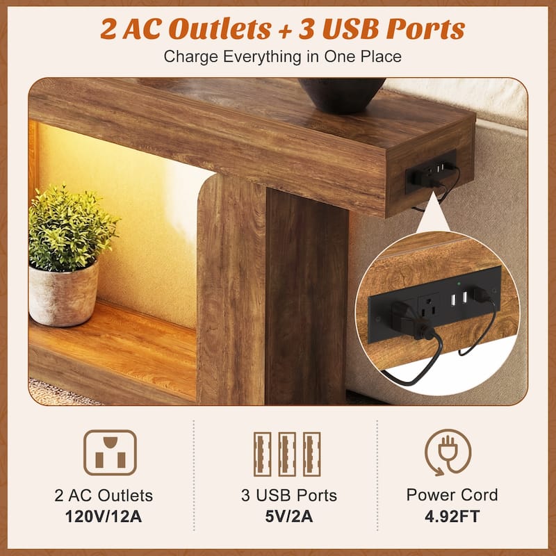 63'' W Farmhouse Console Table with Chaging Station, Thick Sofa/ Entryway Table with Storage Shlef