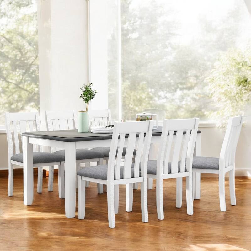 7-Piece Retro Extendable Dining Table Set with 6 Upholstered Chairs - Solid Wood & Distressed Finish for Dining Room and Kitchen