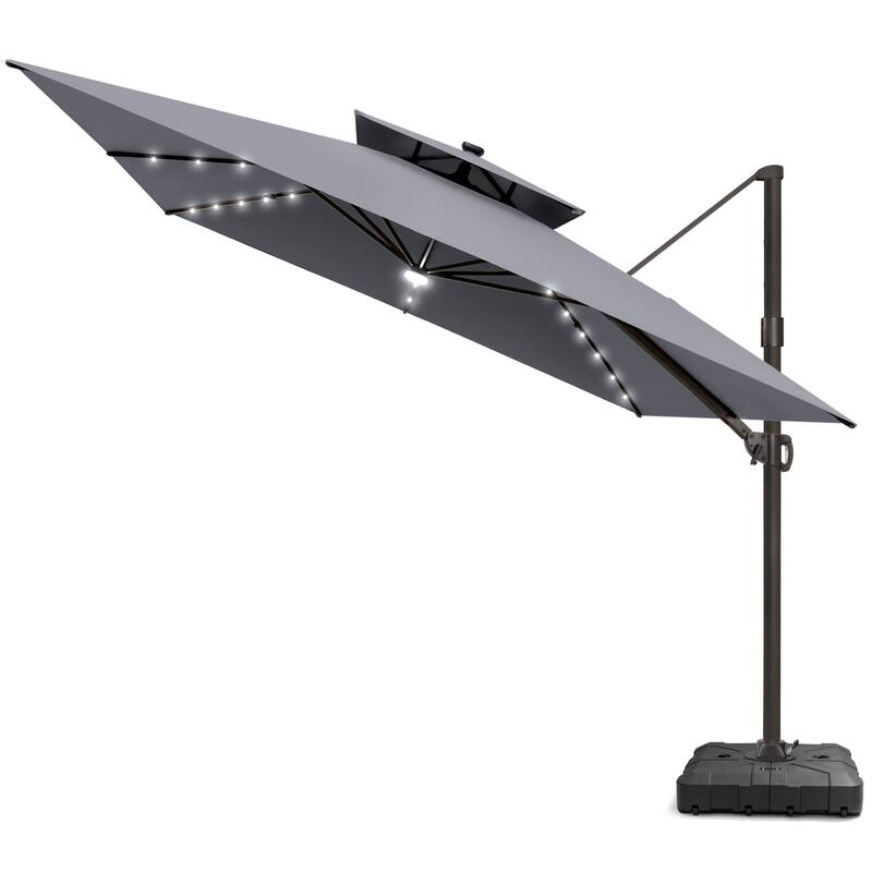 11 FT Square Outdoor Patio Cantilever Umbrella with Solar Lights All-Weather Wheeled Base Double Canopy 360 Rotation Tilt