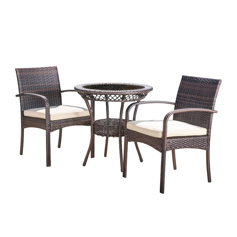 Ridley Outdoor 3-piece Wicker Bistro Set with Cushions by Christopher Knight Home - N/A