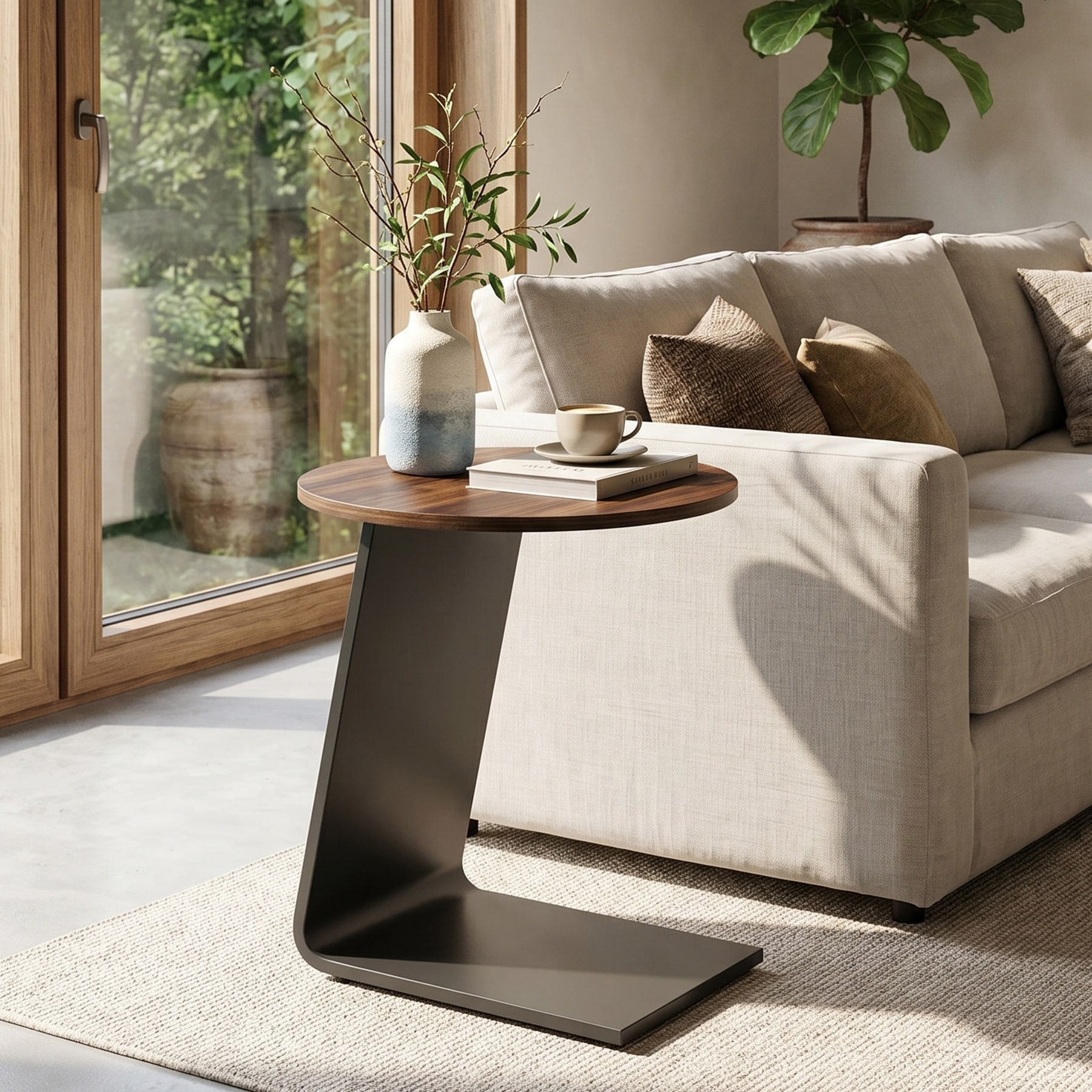 Modern C-Shaped End Table, Round Side Table with Metal Frame