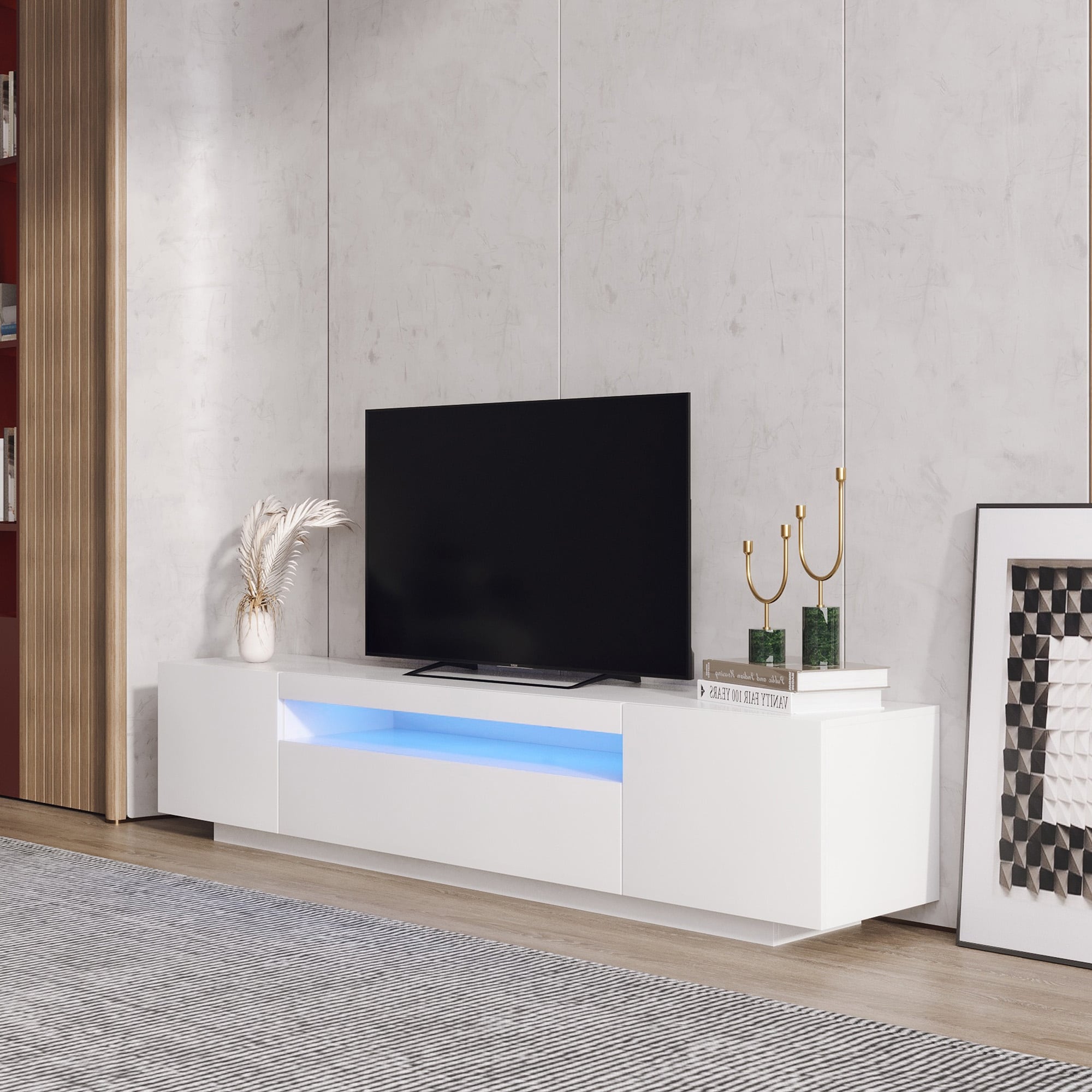 LED TV Cabinet Modern High Gloss Media Console with Drawer and Led