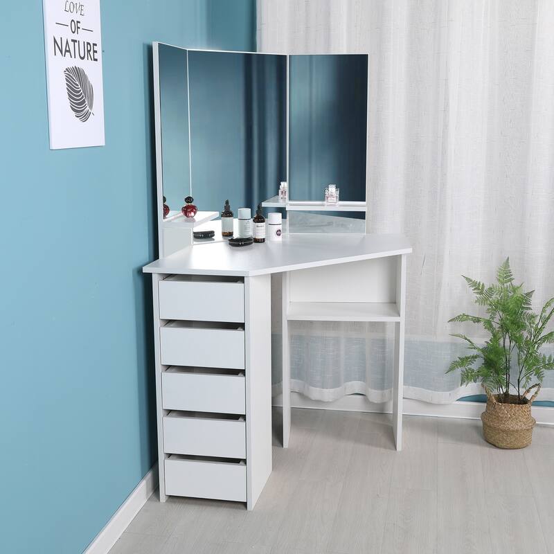 Victoria - Corner Makeup Table with Mirror and Integrated Storage