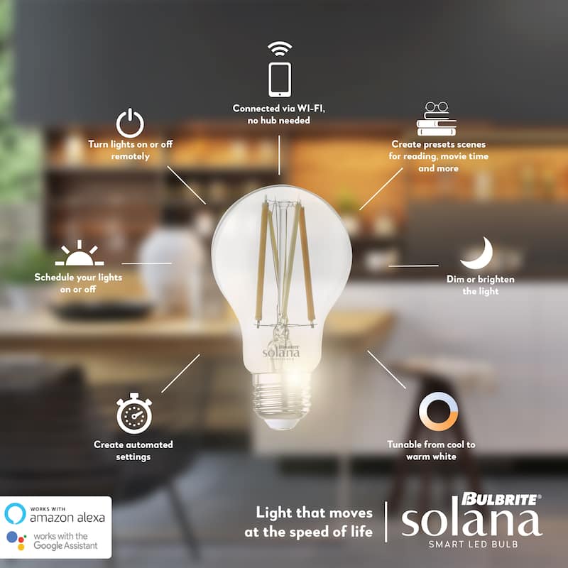 Bulbrite Solana 2-Pack A19 WiFi Connected Edison Filament LED Smart Light Bulb, Clear - Tunable White