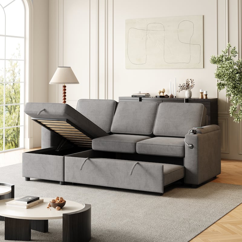 85.8" Sleeper Sofa, Sofa Bed with Storage and Charging Port