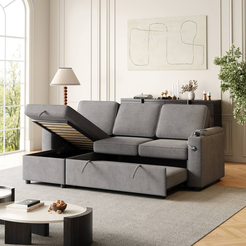 Sleeper Sofa with Storage, Cup Holder and USB Charging Port,Couch with Pull Out Bed, Daybed for Living Room Bedroom