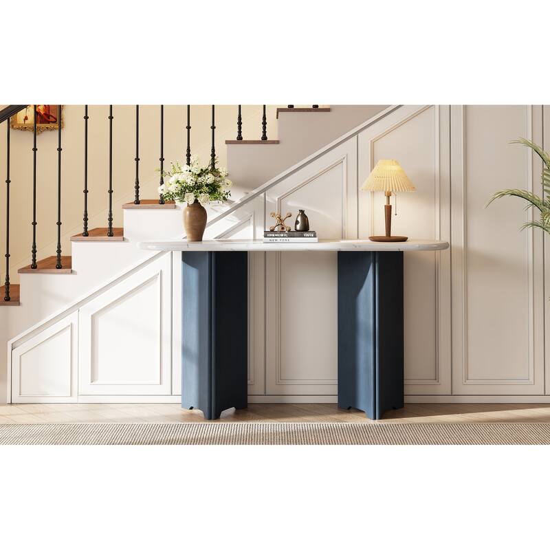 Narrow Console Table with Oval Faux Marble Top