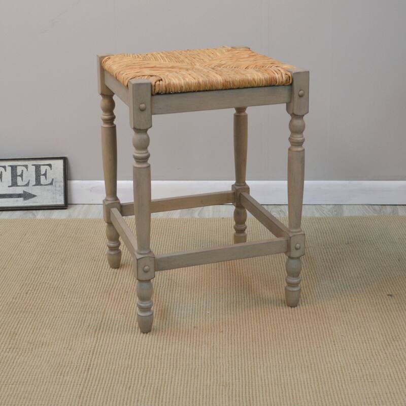 24" Weathered Gray and Beige Counter Stool with Hand Woven Rush Seat