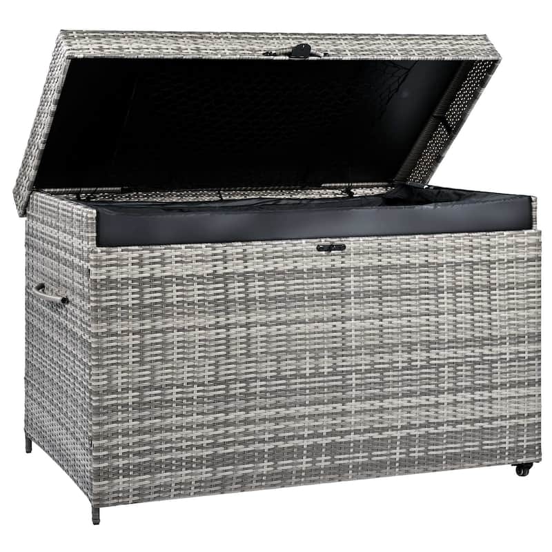 230 Gallon Wicker Deck Box Outdoor Storage with Wheels and Lockable Lid