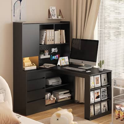 L-Shaped Desk, Computer Desk with Drawers, Bookshelf & Hutch,with LED Light, Corner Gaming Computer Desk with Storage