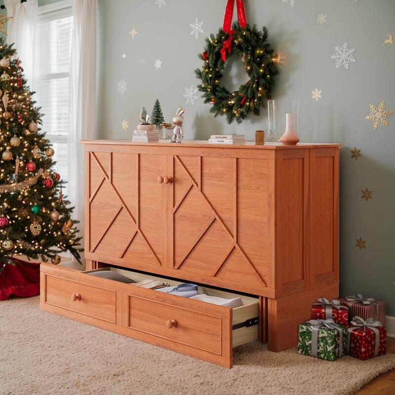 Mixoy Modern Queen Murphy Bed Chest with Mattress and USB ports - Cherry - Queen