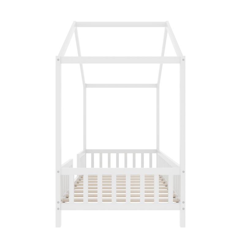House-Shaped Twin Bed with Canopy and Railings for Kids, Montessori Floor Bed, White