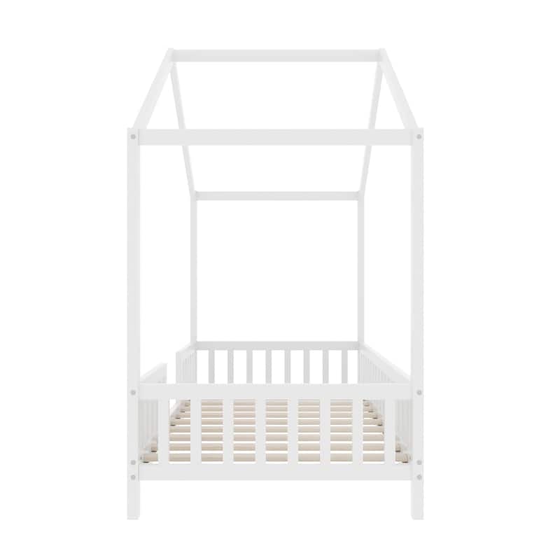 Montessori Toddler Bed Kids House Bed with Airy Canopy, Wood Bed Frame Bed Tent with 4 Full Guardrails, No Box Spring Needed
