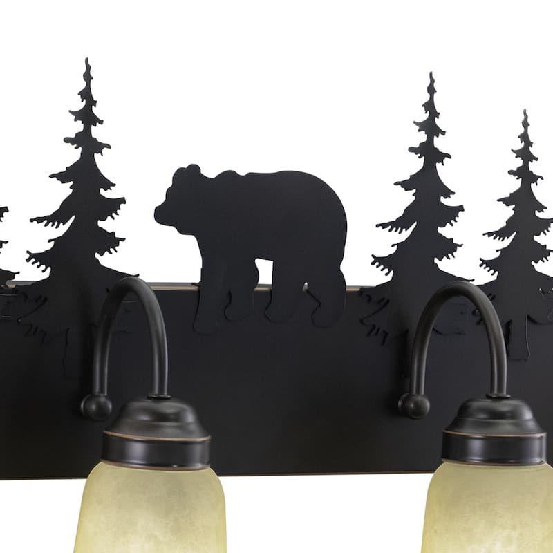Bozeman 4-Light 33 in. W Burnished Bronze Rustic Cabin Bathroom Vanity Lighting Fixture, Amber Flake Glass Shade, Bear and Trees