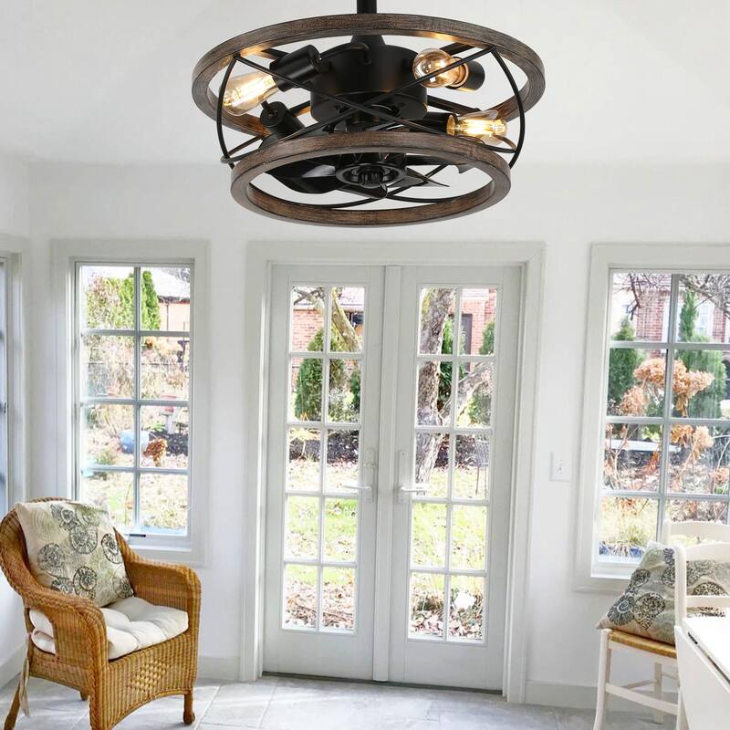 18" Rustic Wood Caged Flush Mount Ceiling Fan, 3-Speed Farmhouse Reversible Ceiling Fan with Light Kit and Remote Control