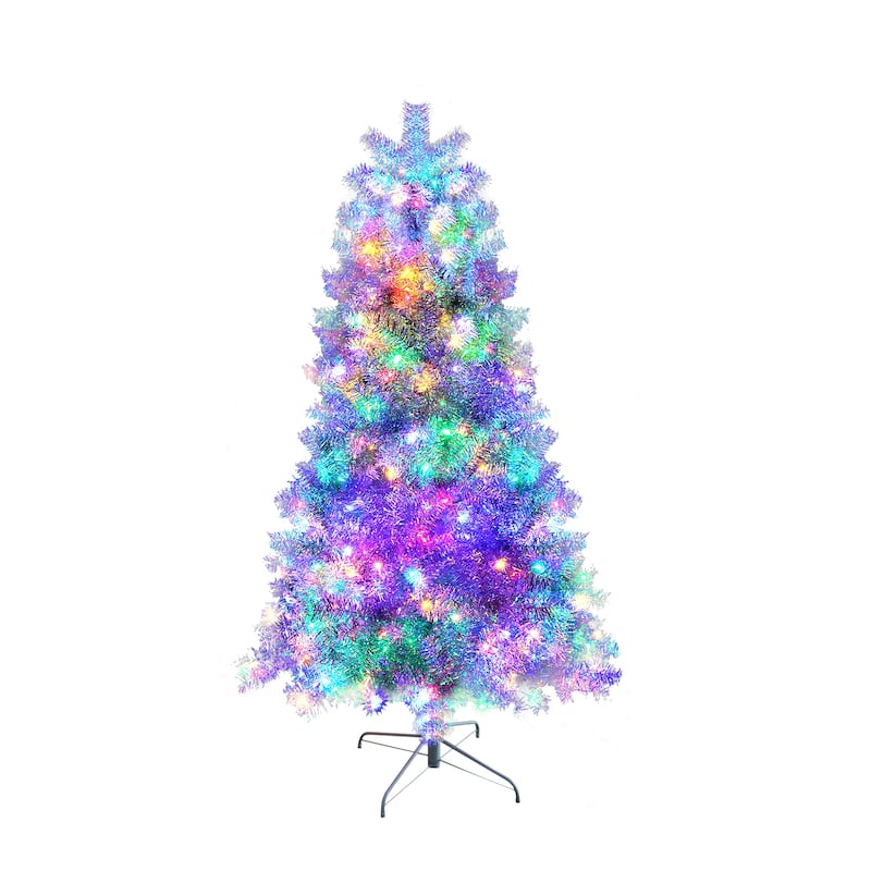 6FT Pre-Lit Artificial Christmas Tree, Hinged Full Tree with Metal Stand, 800 Branch Tips, 300 LED Lights,11 Lighting Modes