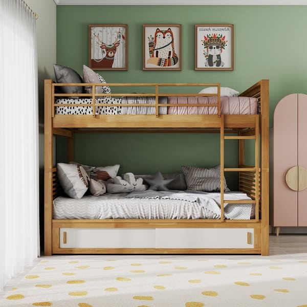 slide 2 of 12, Furniture of America Ogden Oak Solid Wood Twin Over Twin Bunk Bed with Attached Ladder Light Oak