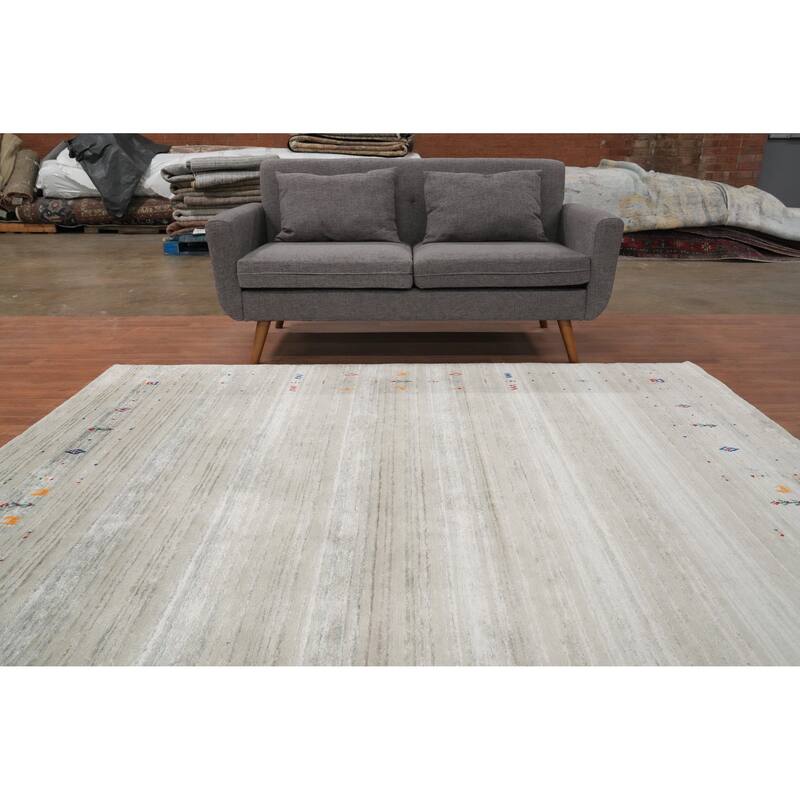 Hand Knotted Oriental Viscose Silk Carpet Tribal Animal Pictorial Beige & Ivories Gabbeh Area Rug - 8' 0'' X 7' 11''