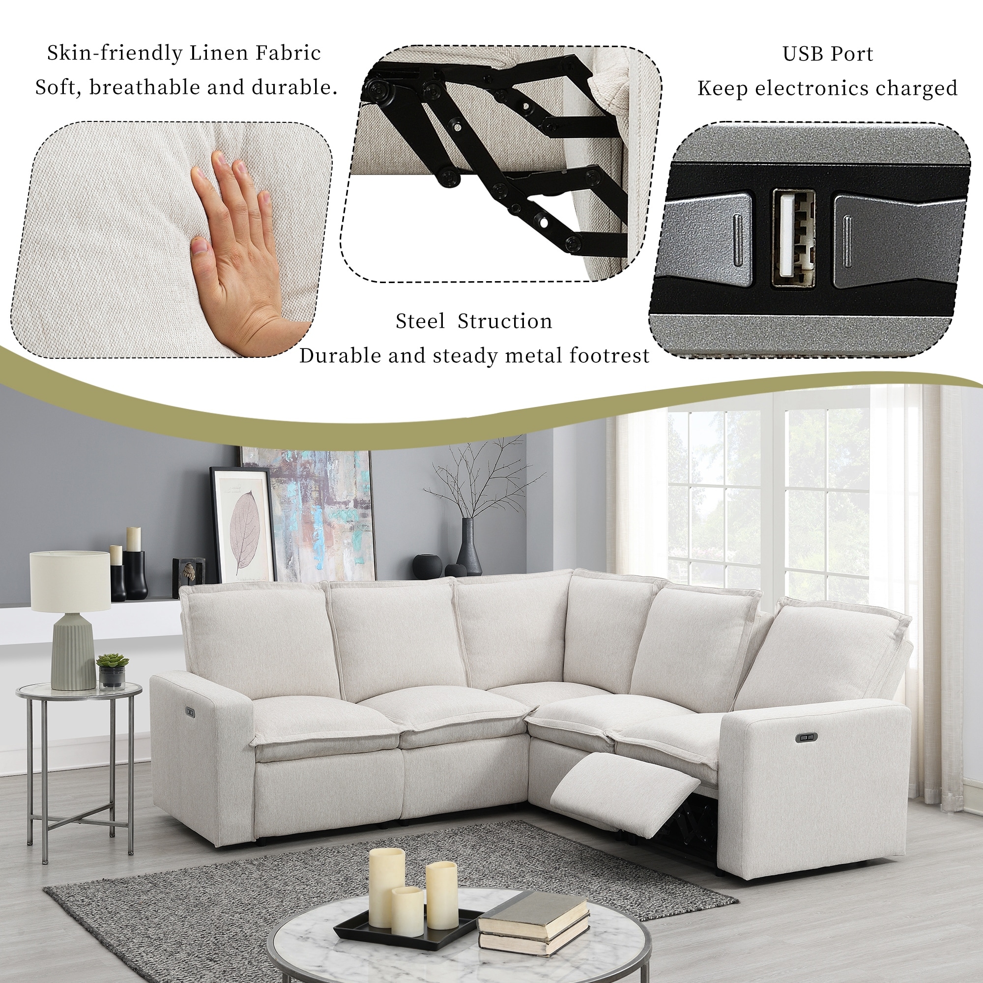 Power reclining sectional store with usb ports