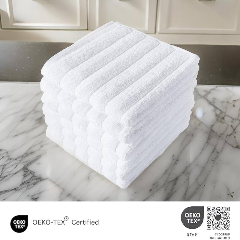 CTT Classic White Ribbed Combed %100 Turkish Cotton Quick Dry and Absorbent Hand Towel Set of 6 - 33" L x 20" W