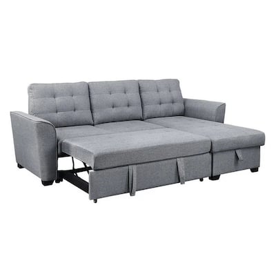 91 Inch Modern Sleeper Sectional Sofa with Reversible Storage Chaise, Gray