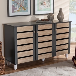 Contemporary 3-door Slatted Wood 14-pair Shoe Storage Cabinet