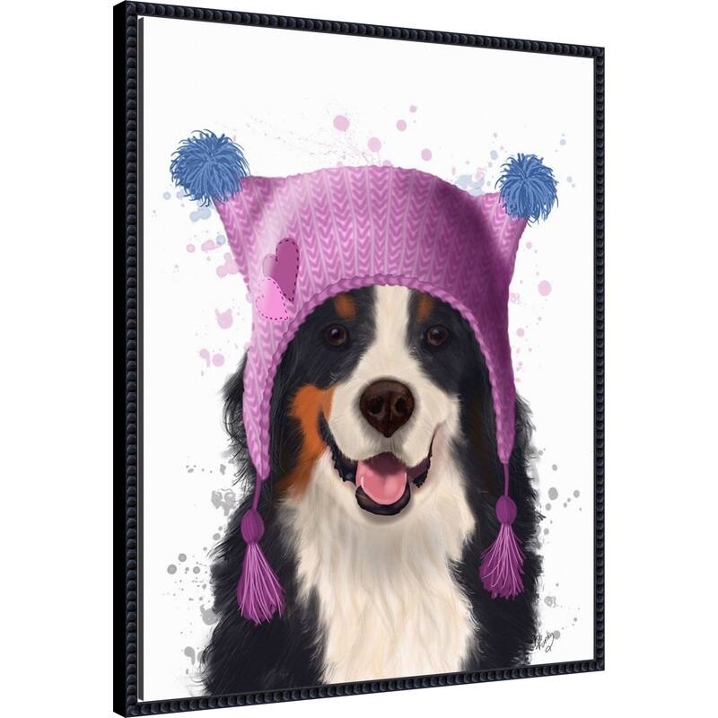 Bernese And Bobble Hat by Fab Funky (23 x 28 in.), Framed Canvas Wall Art Print - Sylvie Beaded Black