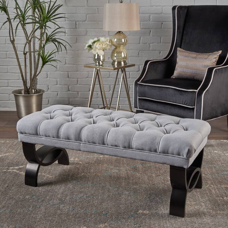 Roomfitters Tufted Upholstered Ottoman Bench with Curved Wood Legs, Entryway Accent Seat for Living Room or Bedroom