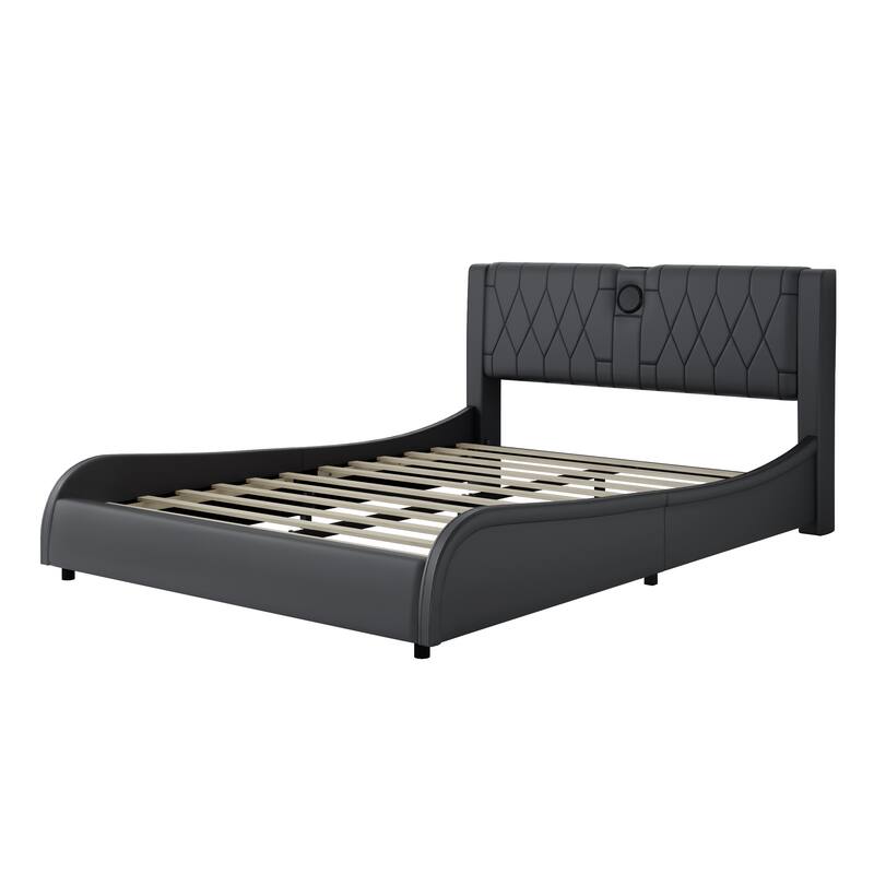 Queen LED Bed Frame with Bluetooth Speakers & Leather Upholstery