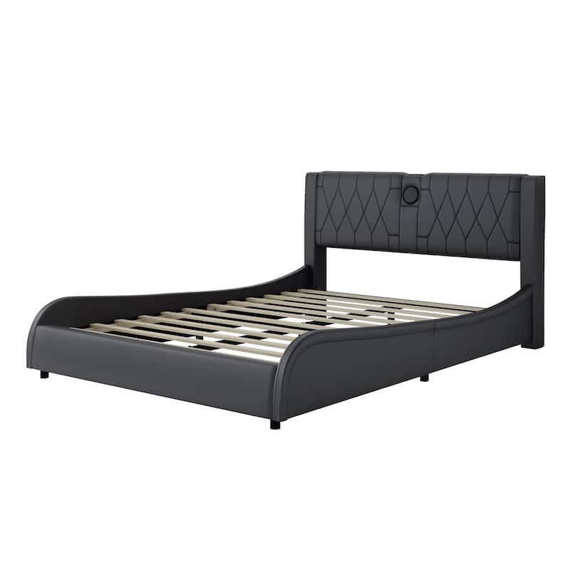 Queen Size Luxurious Faux Leather Upholstered Platform Bed with Thickened Headboard, Bluetooth Speakers and RGB LED Light