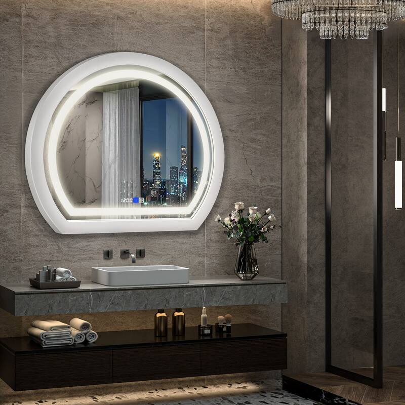 Arched Black Framed LED light Anti-fog 3 Colors Dimmable Wall Mirror - 27.6x23.6